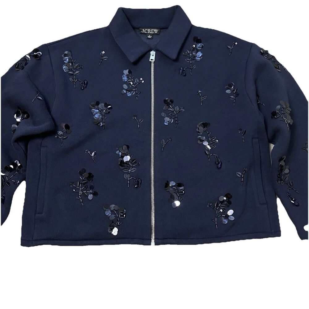 J CREW Sequin Blue Embellished bomber jacket Womens S Heritage Fleece